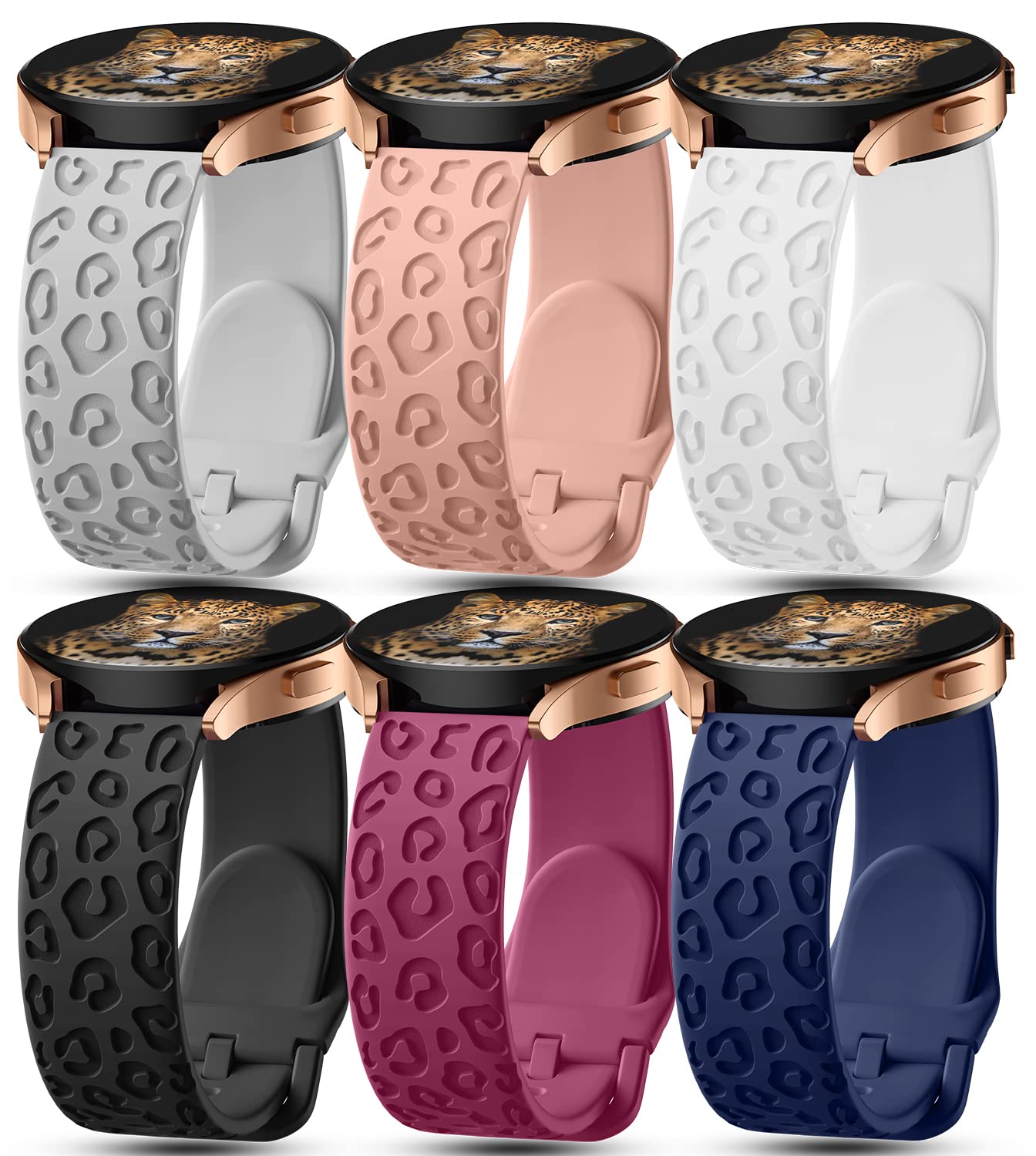 IKANFI 6Pack Engraved Band Compatible with Samsung Galaxy Watch 5 Band/Galaxy Watch 4 Bands/Galaxy Watch 3 Bands/Active 2 Watch Bands,20mm Leopard Silicone Sport Strap Replacement for Women Men