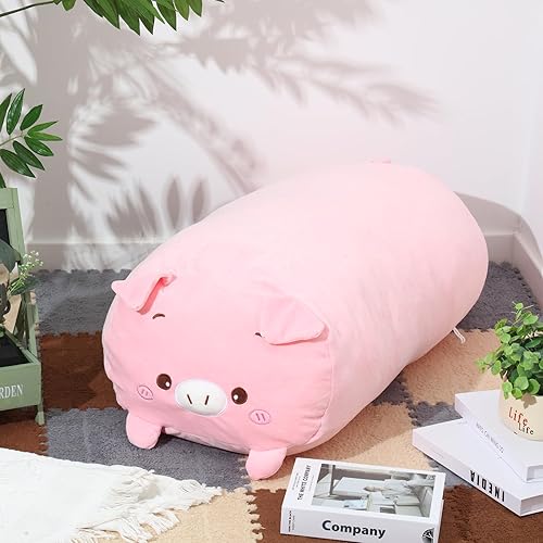 Miniatura 6 de Woanger Almohada de peluche de cerdo de 35.4 pulgadas, linda almohada de peluche de cerdo suave rosa, cuerpo cilíndrico, cerdo gigante, animal de