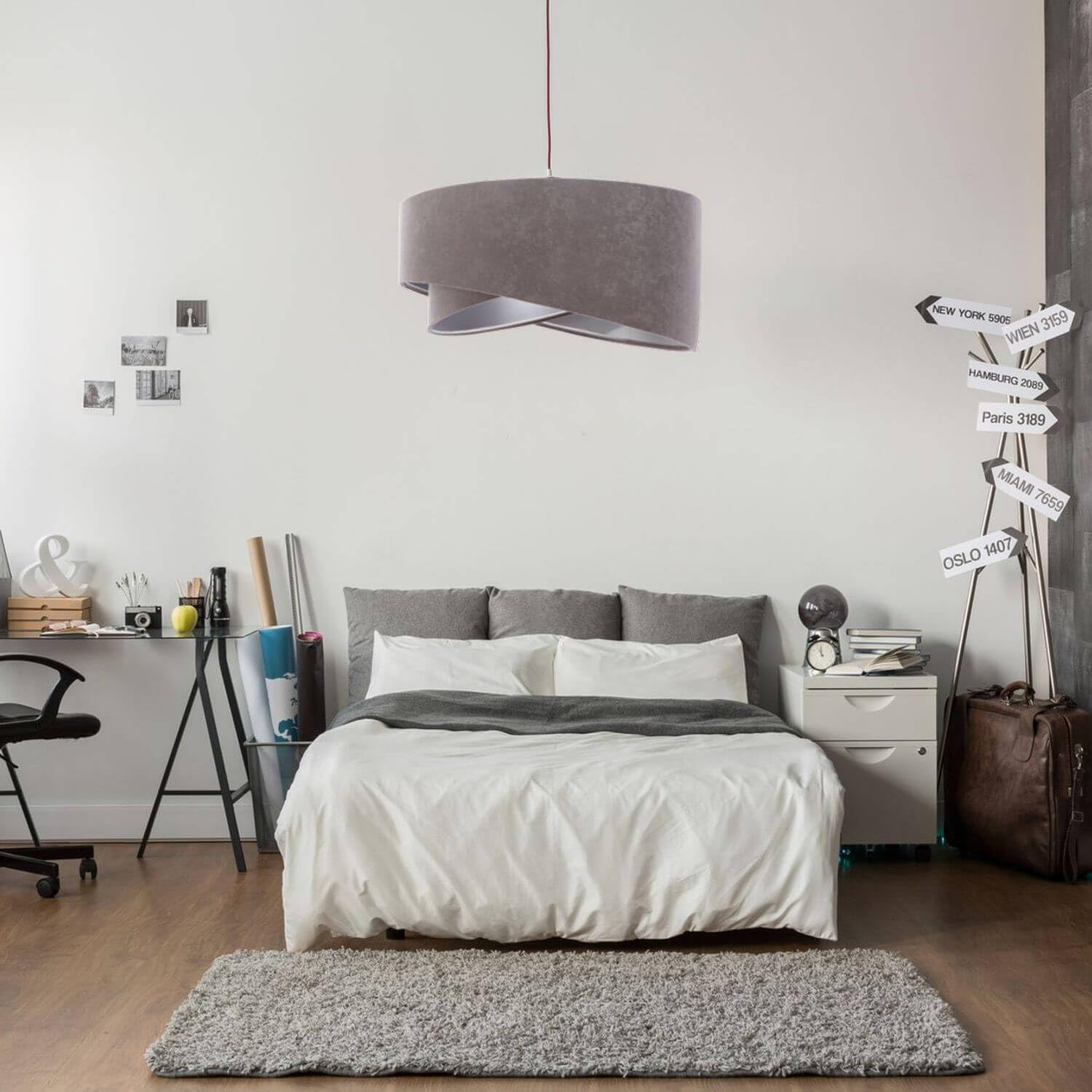 Licht-Erlebnisse Pendelleuchte Stoff Metall in Weiß Grau Silber Esstisch Wohnzimmer rund Ø50 cm E27 Doppelschirm Moderne Hängelampe Esszimmer MADAN