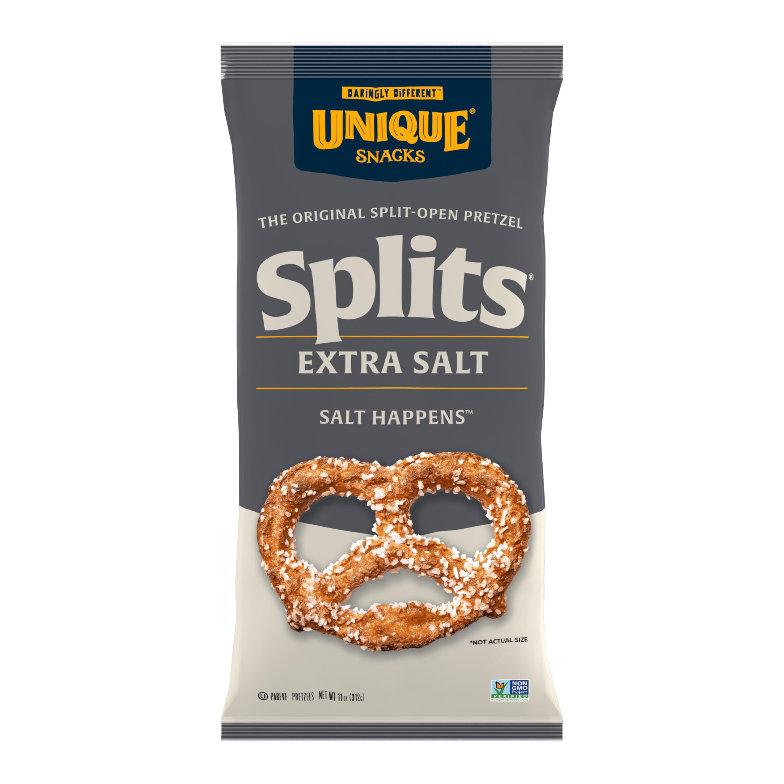 Unique Snacks Extra Salt Splits Pretzels, Original Split-Open Pretzels, Delicious Homestyle Baked Snack Bag, OU Kosher, and Non-GMO Food, No Artificial Flavor, 11 Oz. Bag, Pack of 3