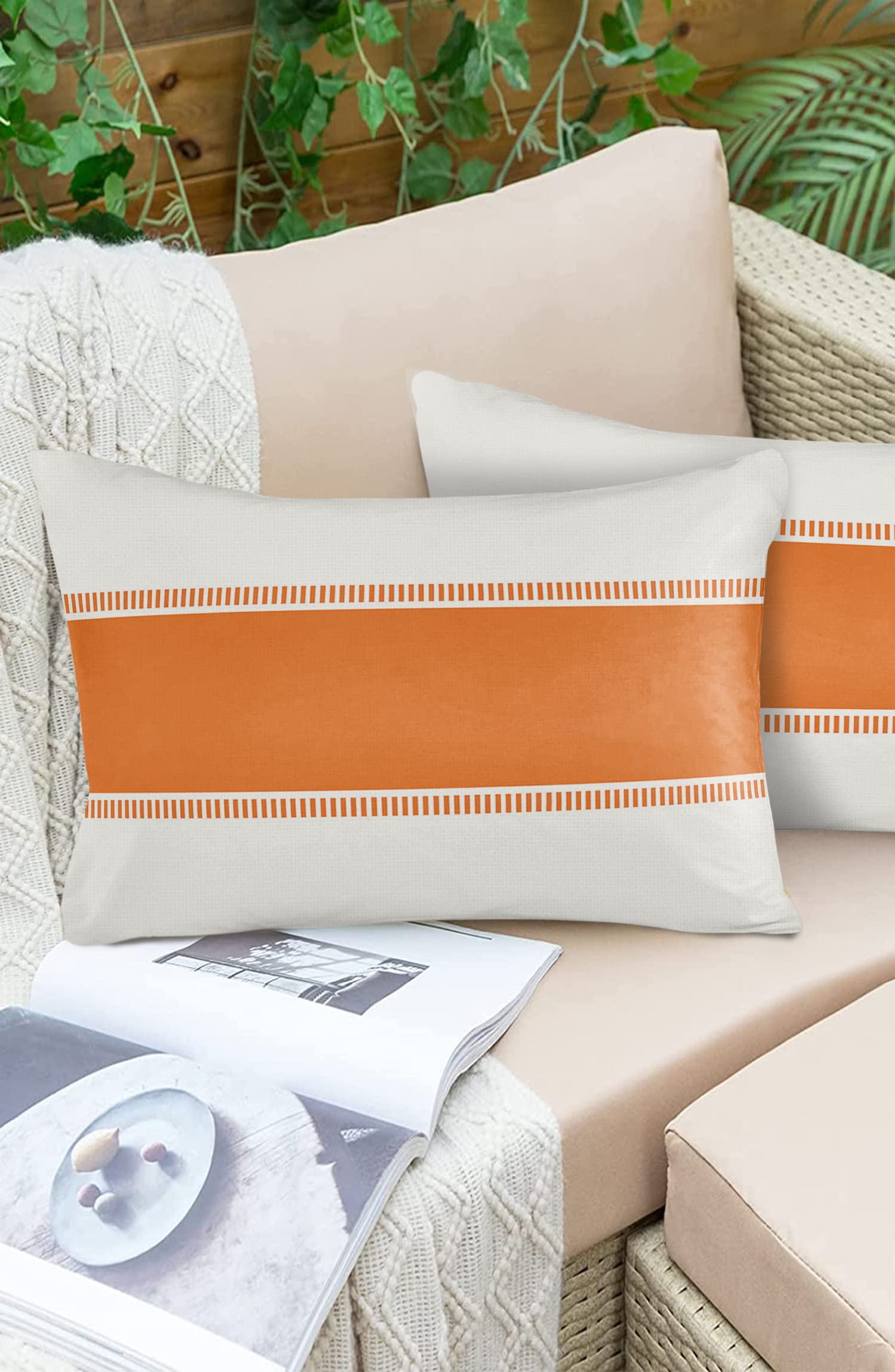 Outdoor Waterproof Throw Pillow Covers 20 x 12 Inches Set of 2 Orange White Stripes Minimalist Simple Pattern Decorative Cushion Cover Pillowcase for Garden Patio Tent Beach Livingroom Sofa Couch