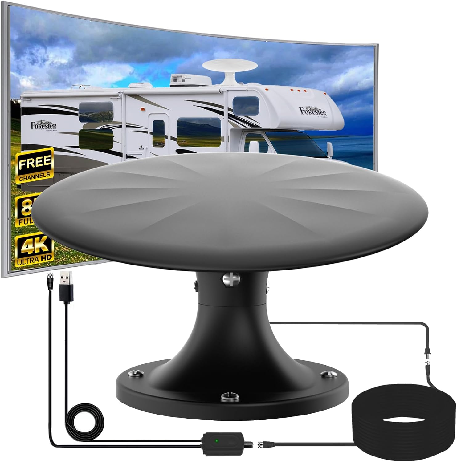 RV Antenna for Camper, RV TV Antennas Roof Mounted, 720° Long Range Omni Directional Reception Digital HD Antenna Signal, with Super Signal Booster, 35ft HDTV Cable. (Black)
