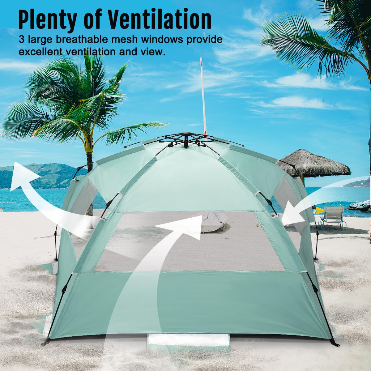 WhiteFang Deluxe Tente de plage pop up pour 3-4/5-6 personnes, protection UV, sol extensible, avec 3 fenêtres en maille aérée, Sac de transport, piquets et haubans inclus