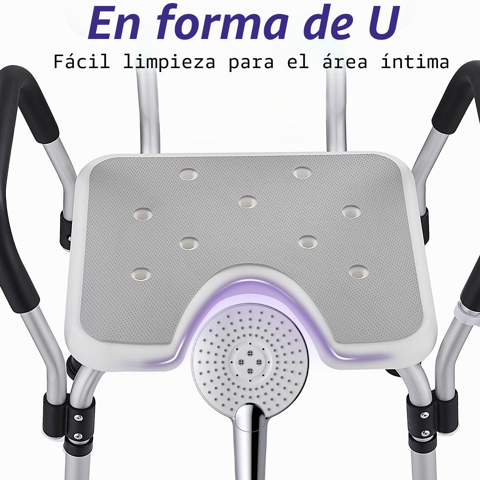 Silla de Ducha para Mayores en U Taburete Ajustable de 6 Alturas Reposabrazos, Silla de Bañera de Aluminio con Antideslizante Asiento para Ducha Interior, Antideslizante Seguridad hasta 150kg