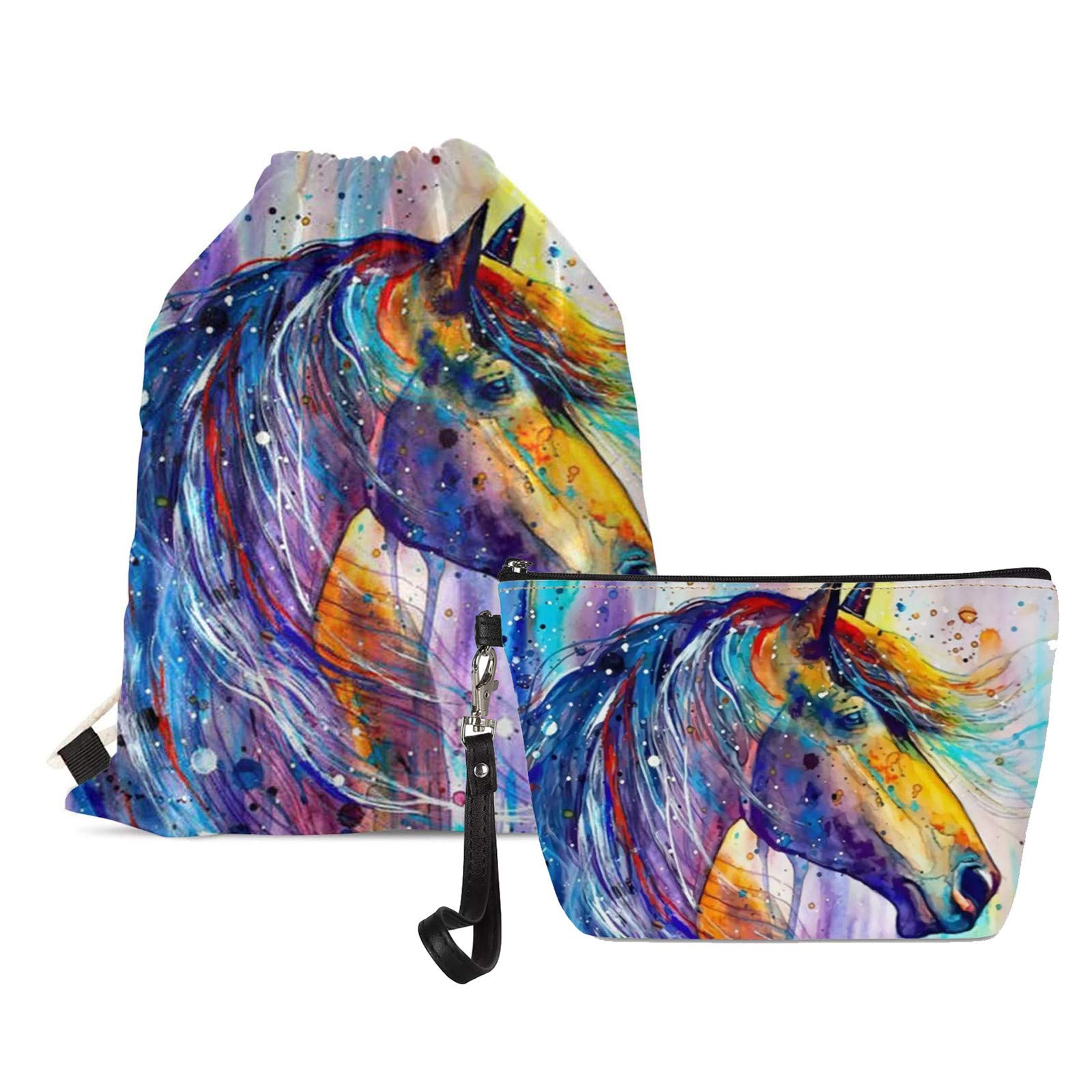 SEANATIVE Watercolor Horse Painting Drawstring Sackpack with Womens Pu Make Up Pouch 2 Pack Set โ image 1