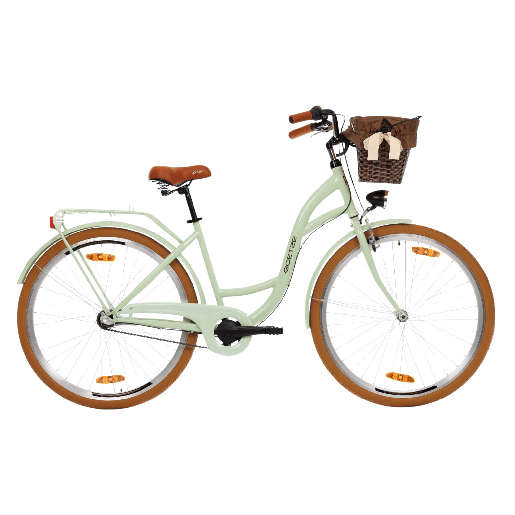 Goetze Style Damen Citybike 28 Zoll, Retro Fahrrad mit 3-Gang | Tiefeinsteiger, Shimano Nexus Nabenschaltung mit Rücktritt, LED-Beleuchtung, Rattankorb, Gepäckträger und Klingel