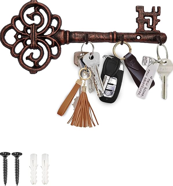 Comfify Decorative Wall Mounted Key Holder | Vintage Key with 3 Hooks | Wall Mounted | Rustic Cast Iron - with Screws and Anchors - Copper with Black