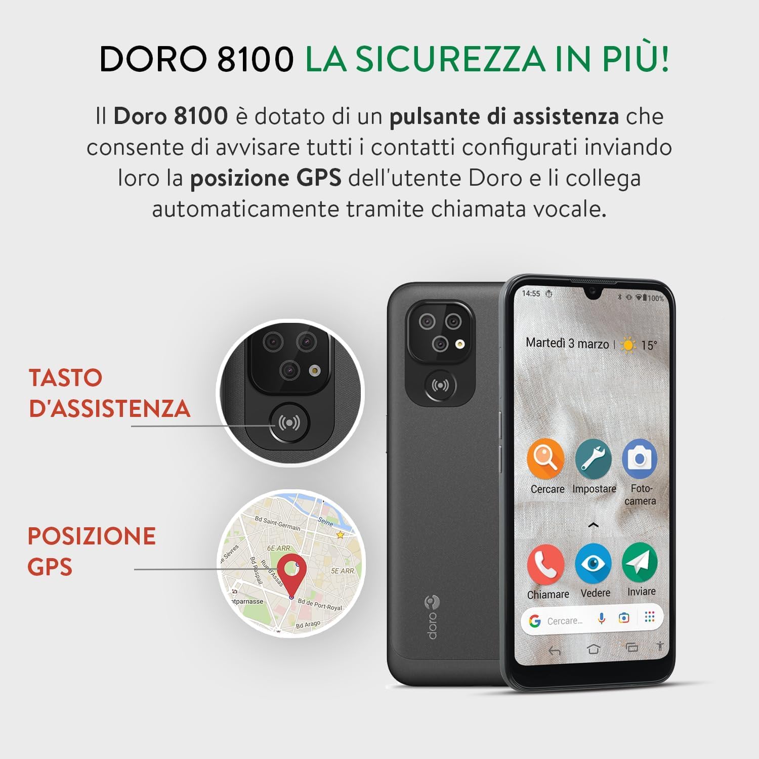 Doro 8100 4G Smartphone Senior – Telefono Cellulare – Resistente all'acqua – Tripla fotocamera – Tasto Assistenza con GPS – Display 6.1" – Riconoscimento facciale – Android 12GB (nero)