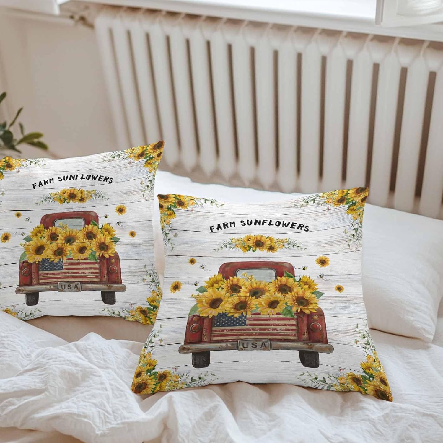 Outdoor Throw Pillow Cover Rural Country Red Truck Yellow Blooming Sunflower and Bees Waterproof Cushion Covers 2 Pack Wood Plank Pillow Cases Home Decoration for Patio Garden Couch Sofa