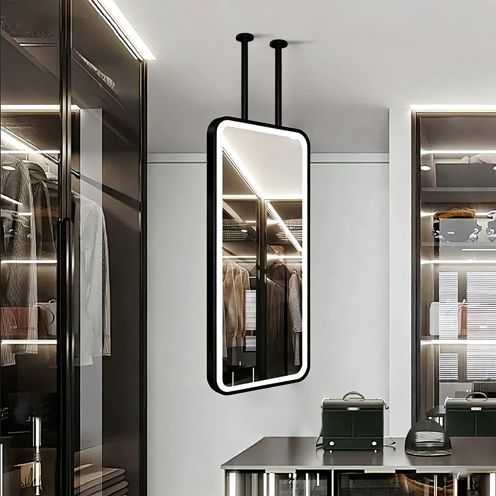 FGXHHS Ceiling Hanging Mirror with LED Light，Metal Mounted Rectangle Mirrors Touch Button，Suspended Bathroom Vanity Makeup for Bedroom Cloakroom Living Room(40cmx60cm)