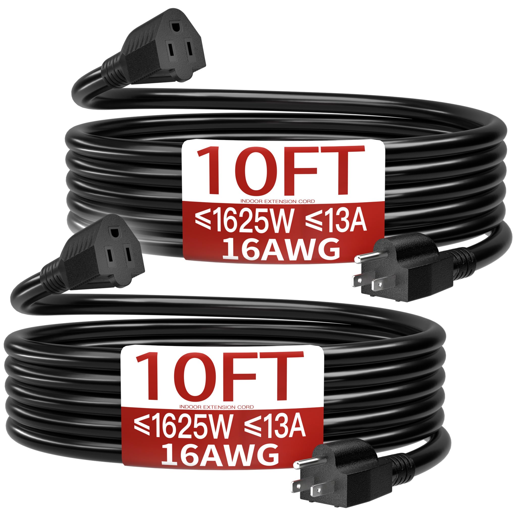 16/3 Short Extension Cord 10 FT 2 Pack, Black Extension Cord Flexible & Durable, Indoor 3 Prong Power Cable, Suitable for Home and Office, 13 Amp 1625