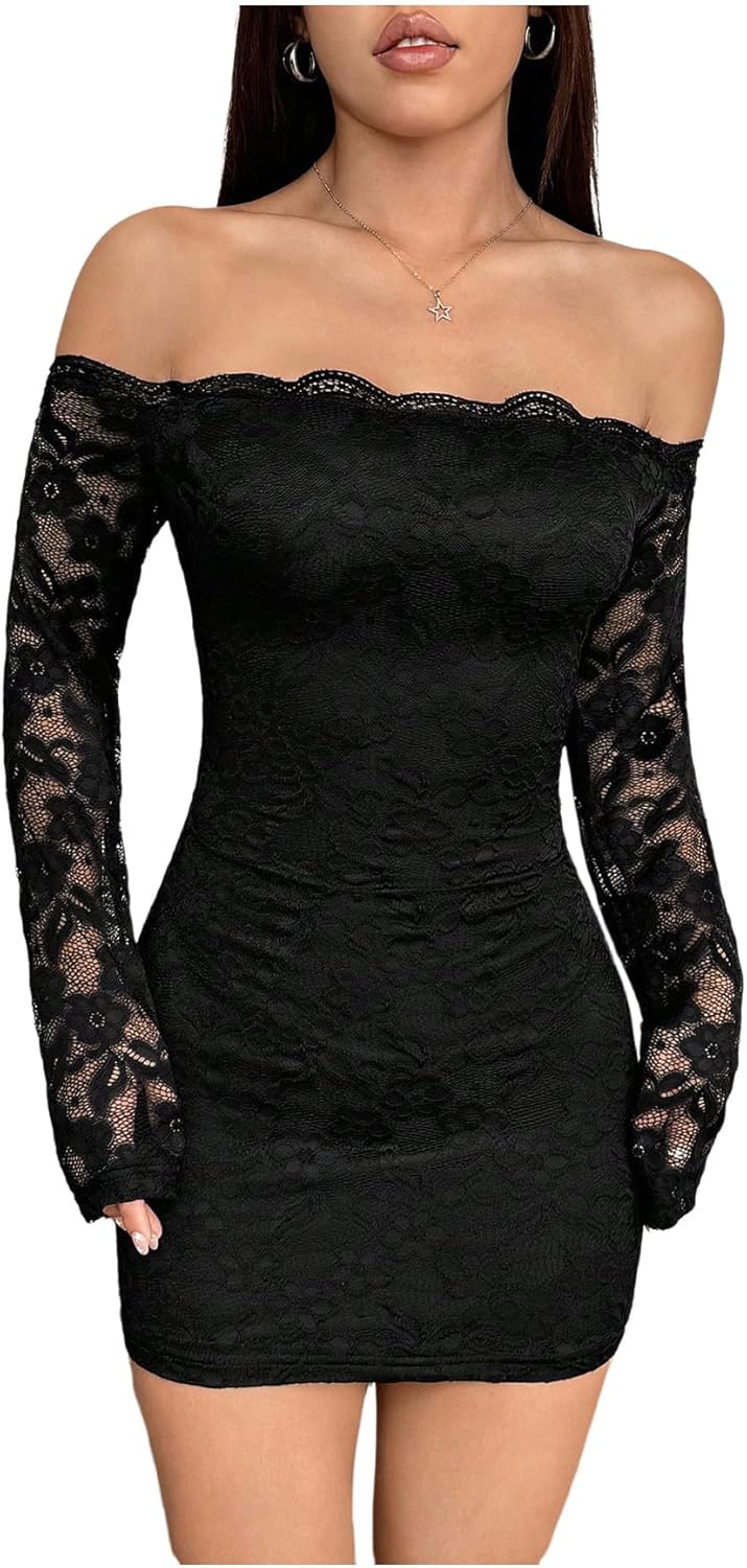 Milumia Women's Lace Long Sleeve Mini Dress Sexy Off The Shoulder Bodycon Birthday Party Going Out Dresses