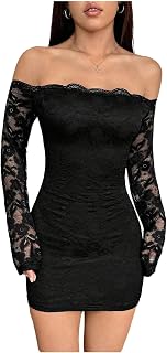 Milumia Women's Sexy Off-Shoulder Lace Long Sleeve Bodycon Mini Dress for Parties & Club Nights Out
