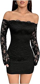 Women's Off The Shoulder Lace Mini Dress Sexy Long Sleeve Bodycon Party Short Dresses