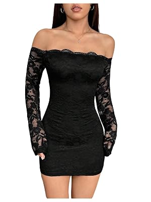 Milumia Womens Lace Long Sleeve Mini Dress Sexy Off The Shoulder Bodycon Birthday Party Going Out Dresses