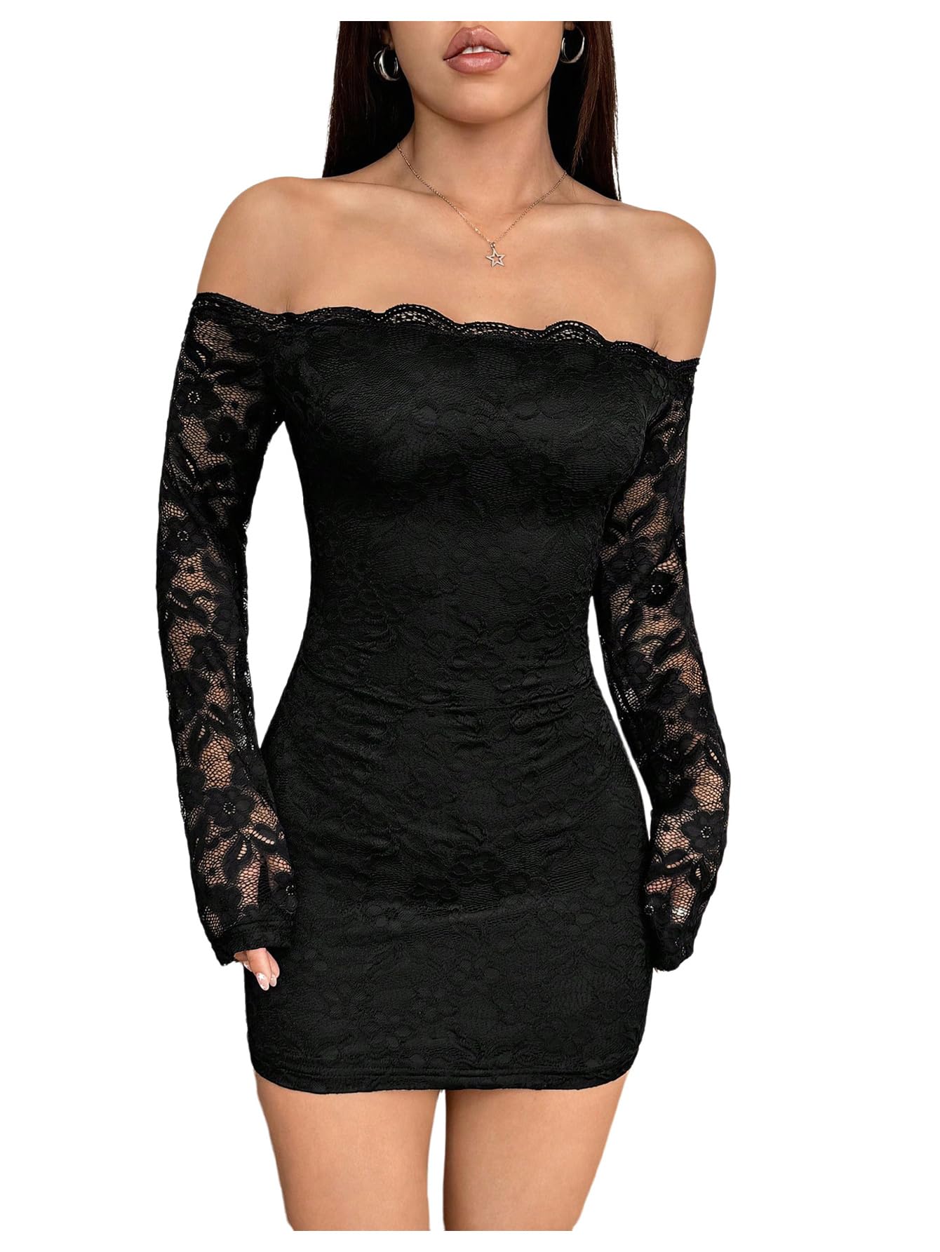 Milumia Womens Lace Long Sleeve Mini Dress Sexy Off The Shoulder Bodycon Birthday Party Going Out Dresses