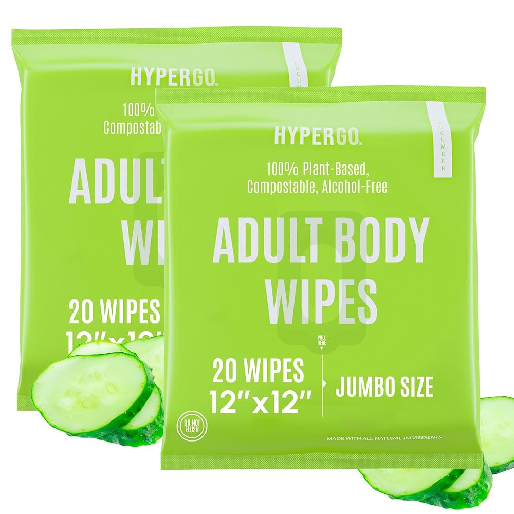 HyperGo XL Body Wipes for Women & Men - 12 x12 Rinse-Free Full Body Cleansing Wipes 2-20 Count Packs - Cucumber | Biodegradable, Hypoallergenic, Aloe-Infused | Gym, Festival, Camping Essentials