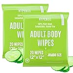 HyperGo XL Body Wipes for Women & Men - 12 x12 Rinse-Free Full Body Cleansing Wipes 2-20 Count Packs - Cucumber | Biodegradable, Hypoallergenic, Aloe-Infused | Gym, Festival, Camping Essentials