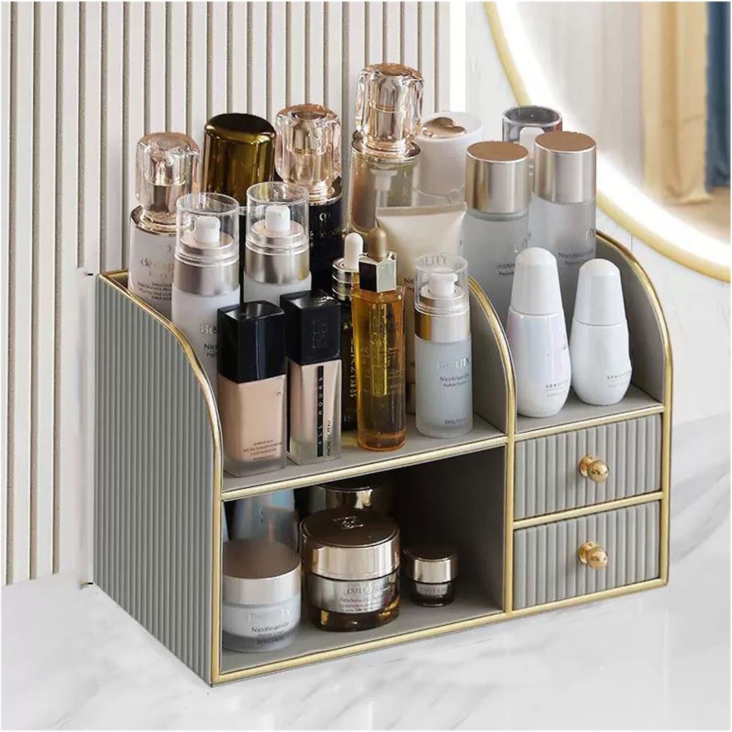 Makeup Box Makeup Organiser Storage Display Box Pu Leather Cosmetic Organizer, Makeup Organization Storage Box, Tidy Organiser For Dressing Table And Sink, Modern Bathroom And Bedroom Table (Light Gr