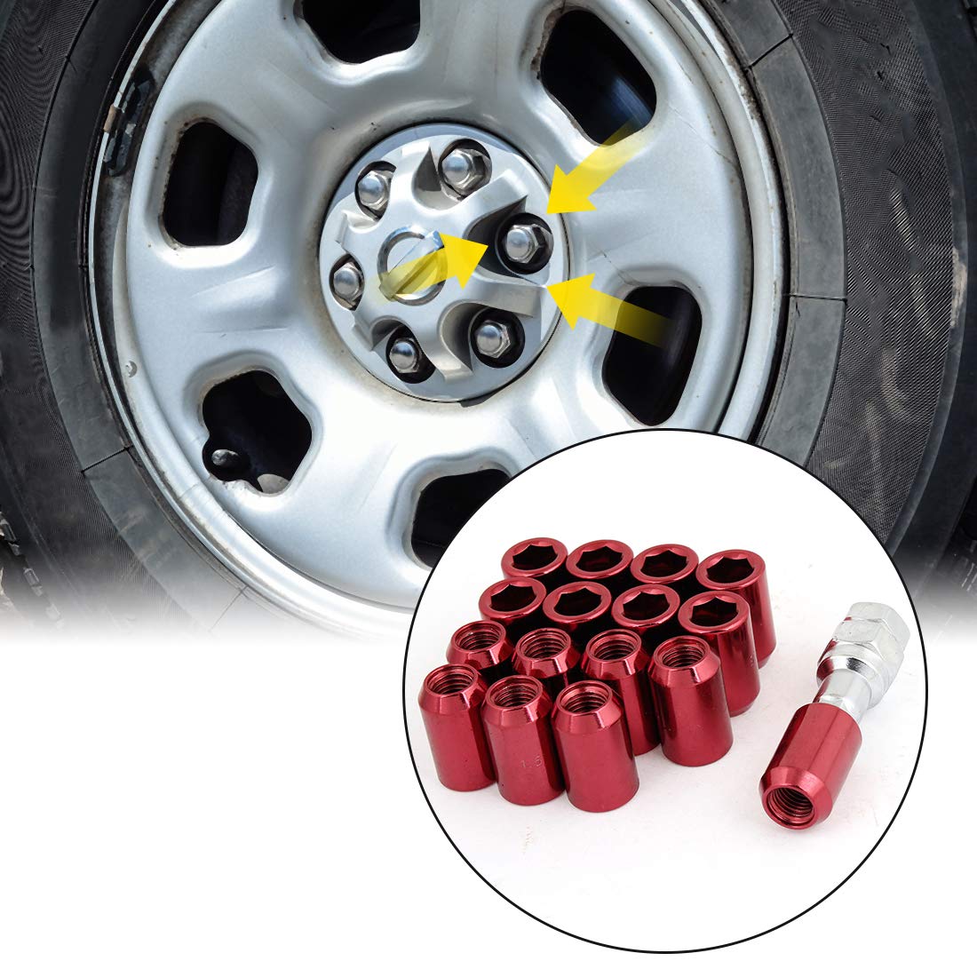 sourcing map Tuercas Antirrobo Hex Rojo 16 Piezas para Coche M12X1.5Mm | Hexagonal, Llave 31Mm, Adaptador Hexagonal 60Mm, Acero, No Para Ruedas Oem, Asiento Cónico, 99% Ruedas Aftermarket