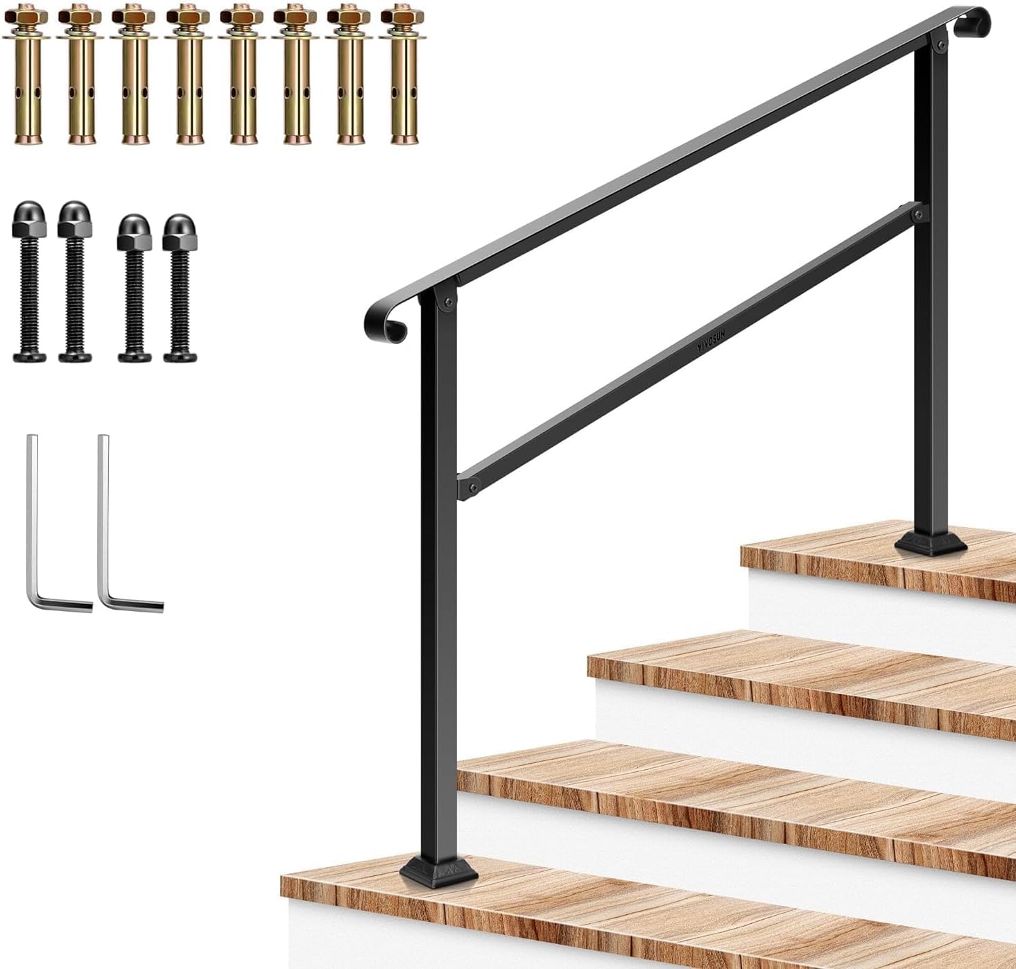 VIVOSUN Outdoor Handrail, 54" x 36" Fits 1-4 Steps, Wrought Iron Stair Railing with Curved Ends, One-Step Assembly, Black