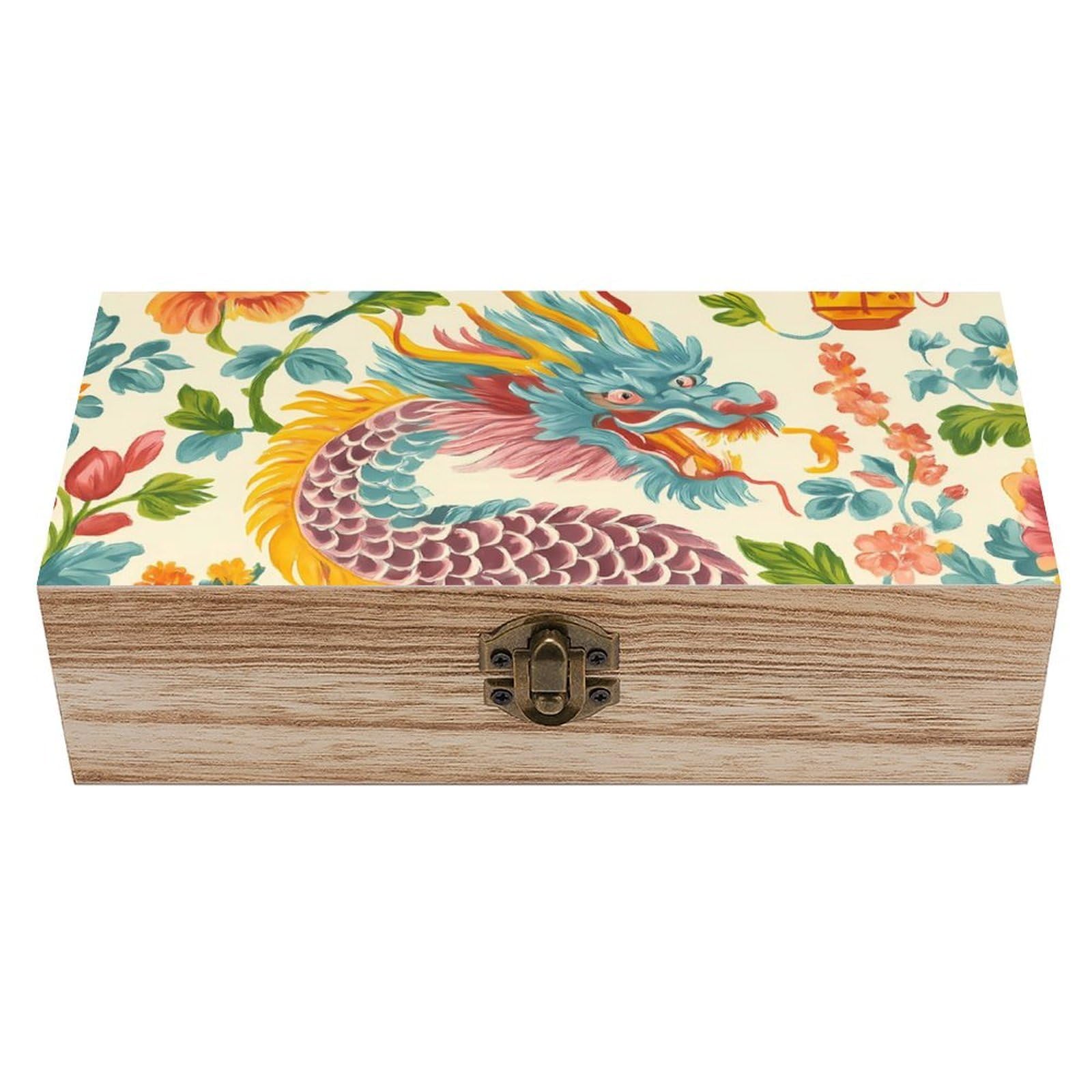 HLBSDM Chinoiserie Dragon & Vibrant Blooming Floral Retro Wooden Storage Box Jewelry Art Gift Boxs Decorative Keepsake Boxes