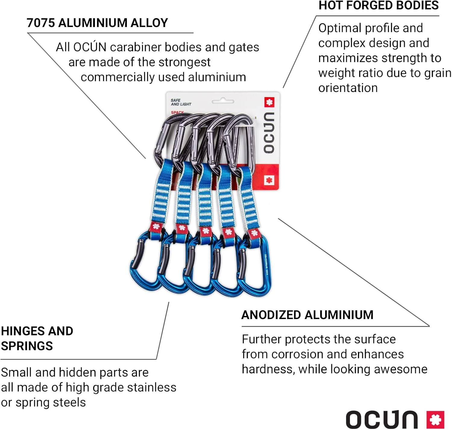 OCUN Hawk Quickdraw Zoom PA 15/22 Straight Carabiner 5-Pack for Rock Climbing