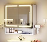 TEENFON Specchio Bagno Contenitore con LED, Mobile Bagno con Specchio con Presa Elettrica e Supporto Asciugacapelli, 3 Temperature di Colore Regolabili, Ripiani Regolabili, 60x15x65cm-2 Porte - 9