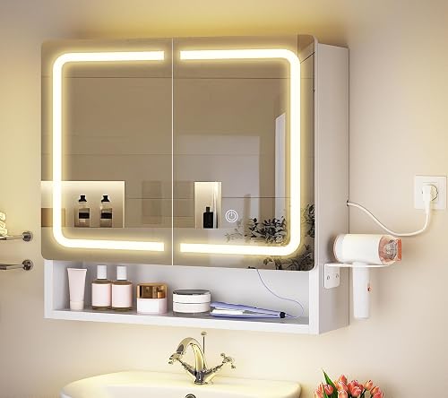 TEENFON Specchio Bagno Contenitore con LED, Mobile Bagno con Specchio con Presa Elettrica e Supporto Asciugacapelli, 3 Temperature di Colore Regolabili, Ripiani Regolabili, 60x15x65cm-2 Porte - 9
