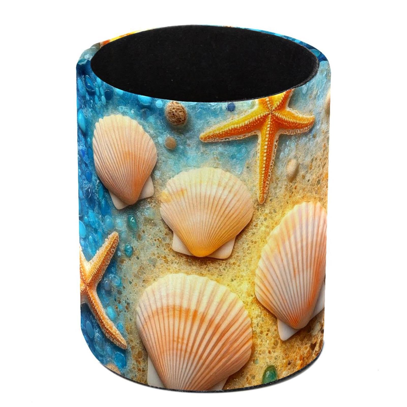 HEOEH Starfish Seashells Pen Holder for Desk, PU Leather Pencil Holder Pen Cup Marker Holder Makeup Brush Holders, Desk Accessories & Workspace Organizers for Home, Office