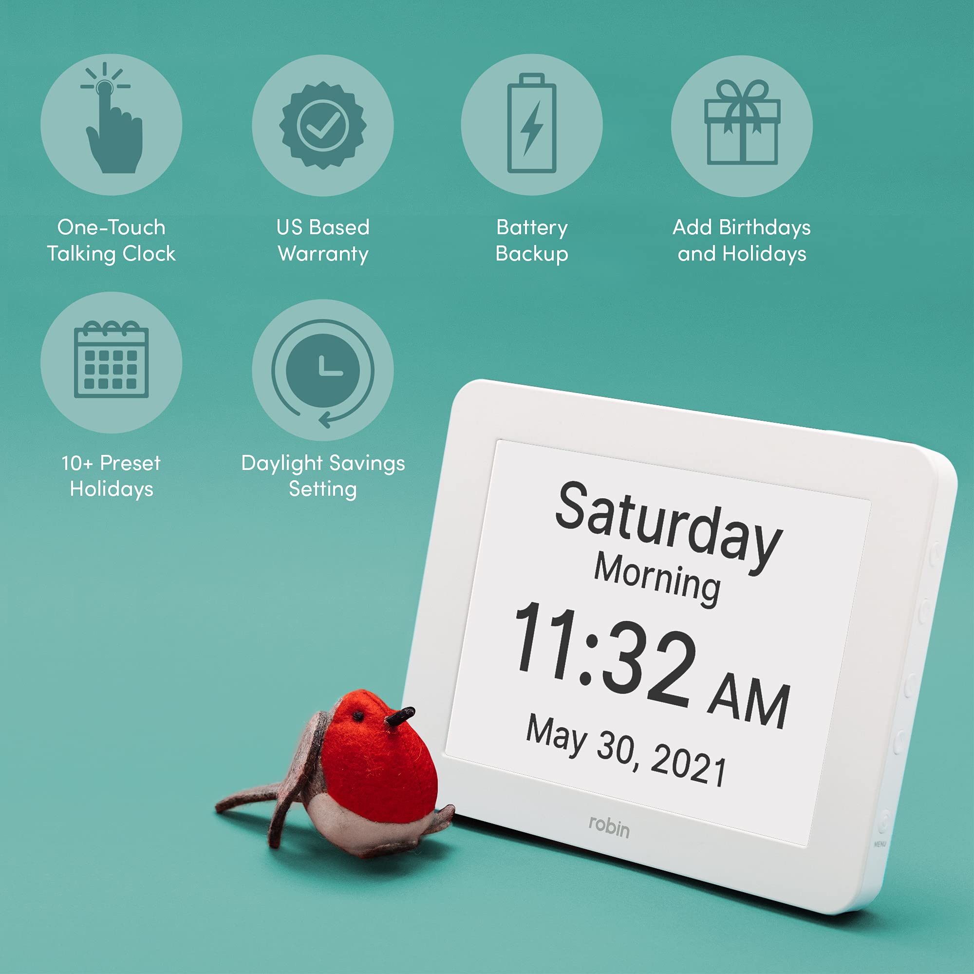 Robin, 2020 Version, Digital Day Clock 2.0 with Custom Alarms and