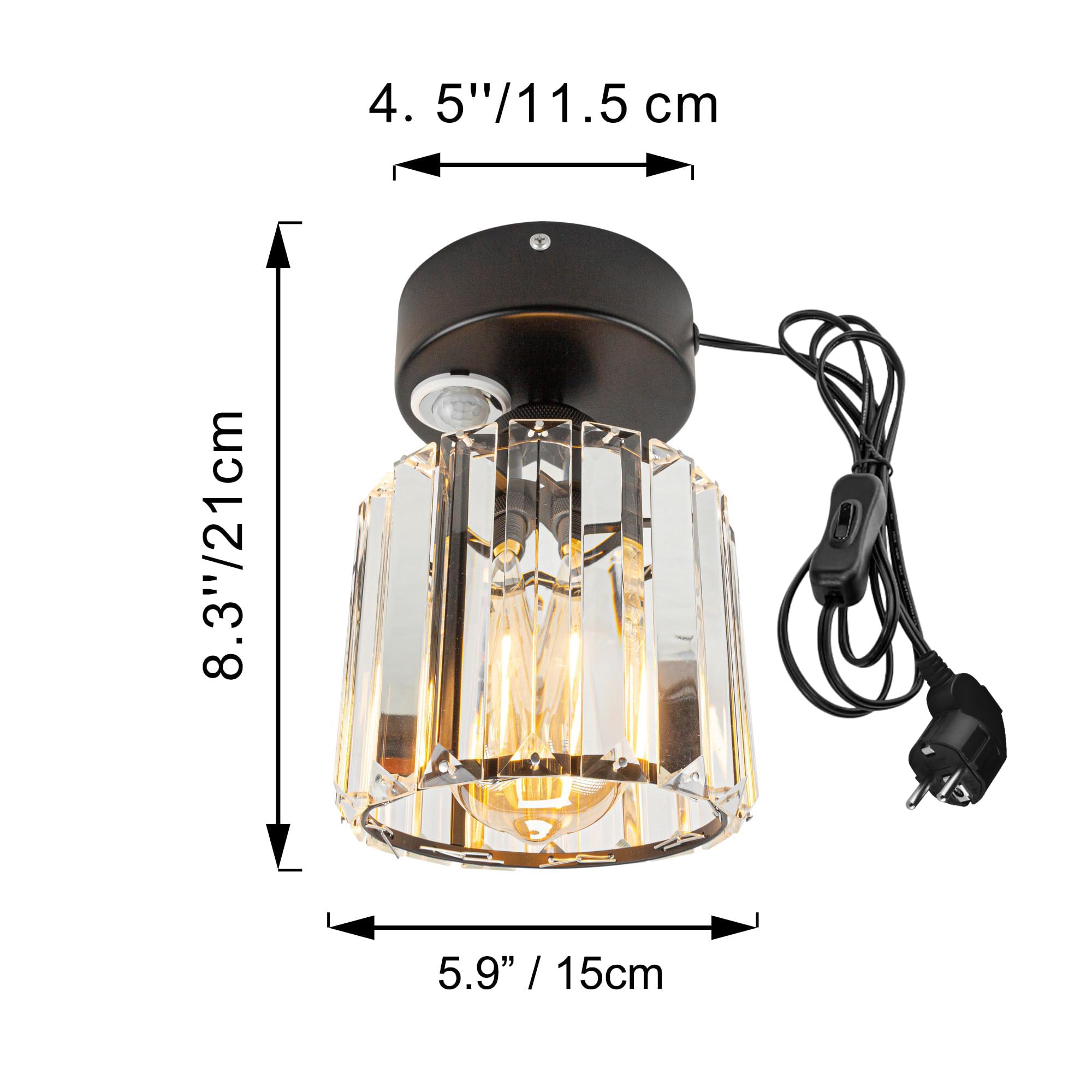 Plafoniera con sensore di movimento interno, moderna lampada da soffitto in cristallo, sensore di movimento con cavo da 4,5 m e portalampada E27, per corridoio, bagno, scale, garage, nero