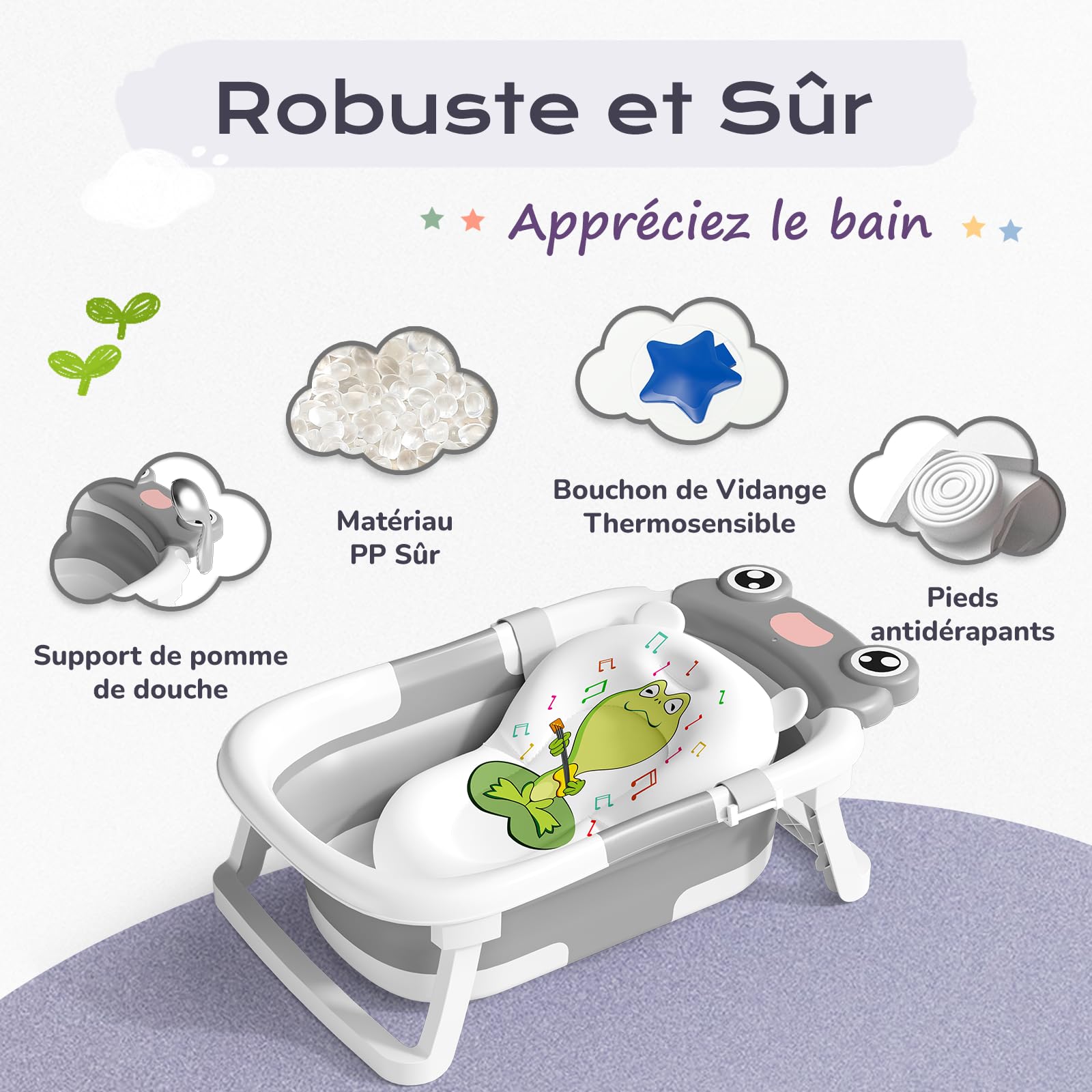 COOSEYA Baignoire Pliable pour Bébé, Grise, Inclut Coussin de Bain, Bouchon d'Évacuation