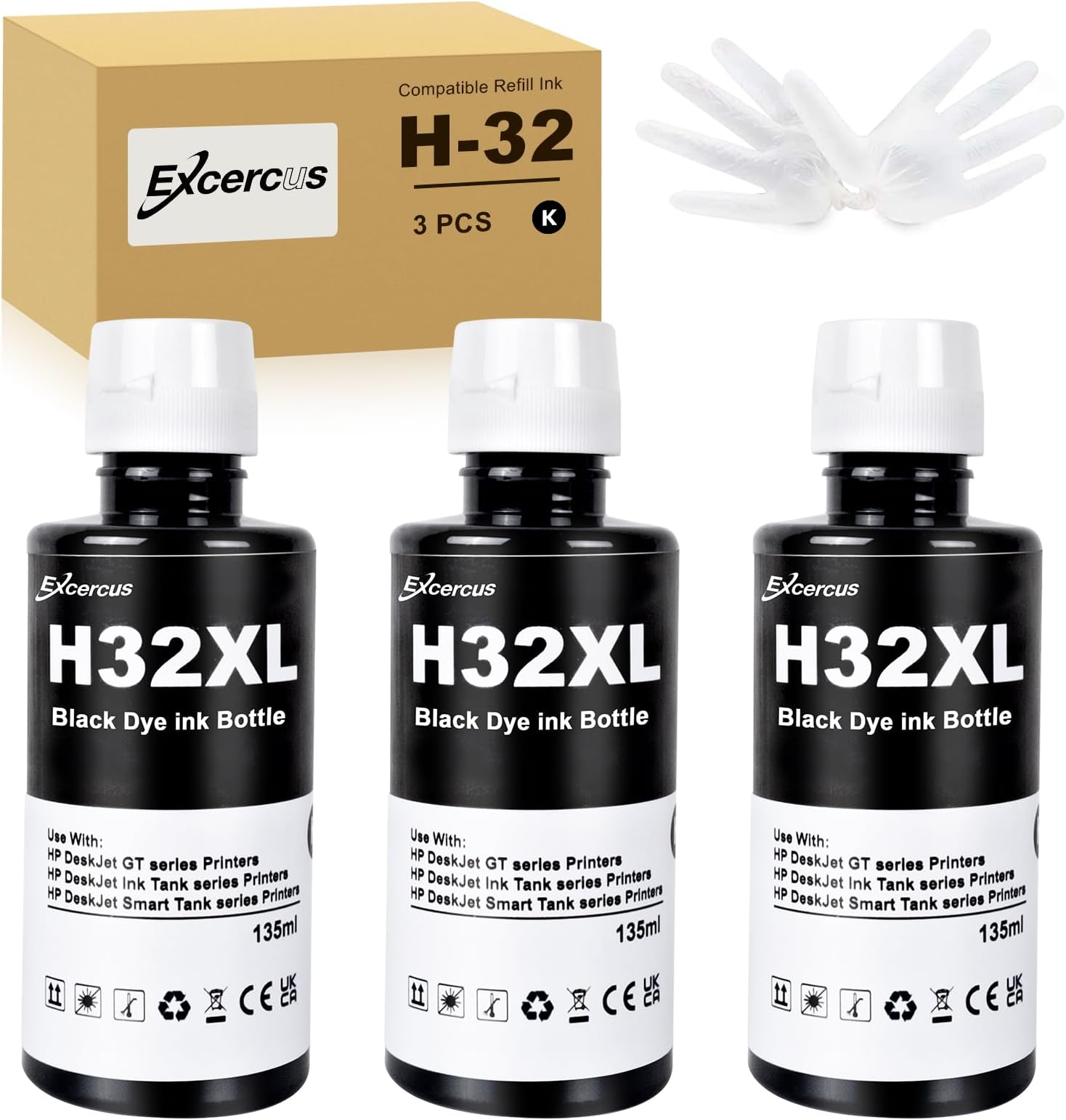 3Pack Ink Bottle 31 32XL 32 XL Compatible with HP Smart Tank 5000 5101 7301 6001 7602 5101 7001 551 555 651 455 457 450 Printers (135ML 32XL Black Ink)