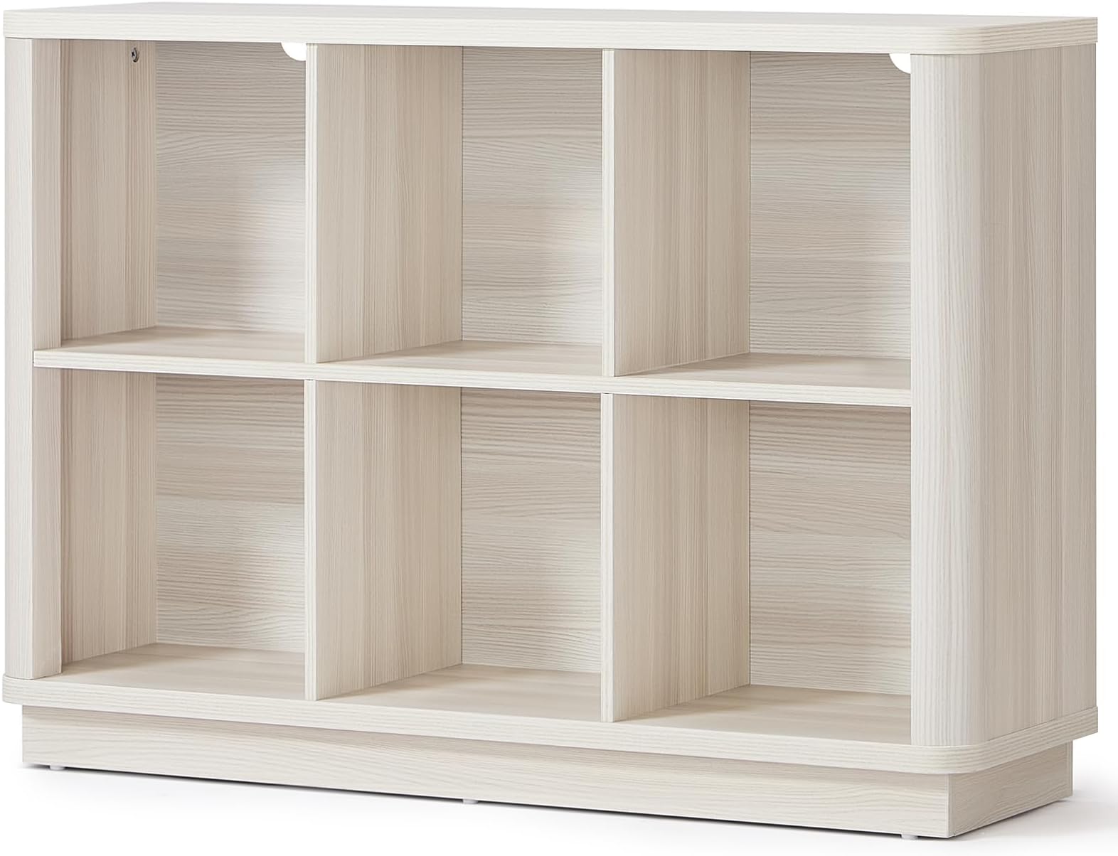 6 Cube Bookcase, 40" Wide Low Horizontal Book Shelf w/Curved Edge, Wood Floor Standing 2-Tier Bookshelf with Base, Modern Short Storage Organizer for Bedroom,Office, Grey-White Cream Oak