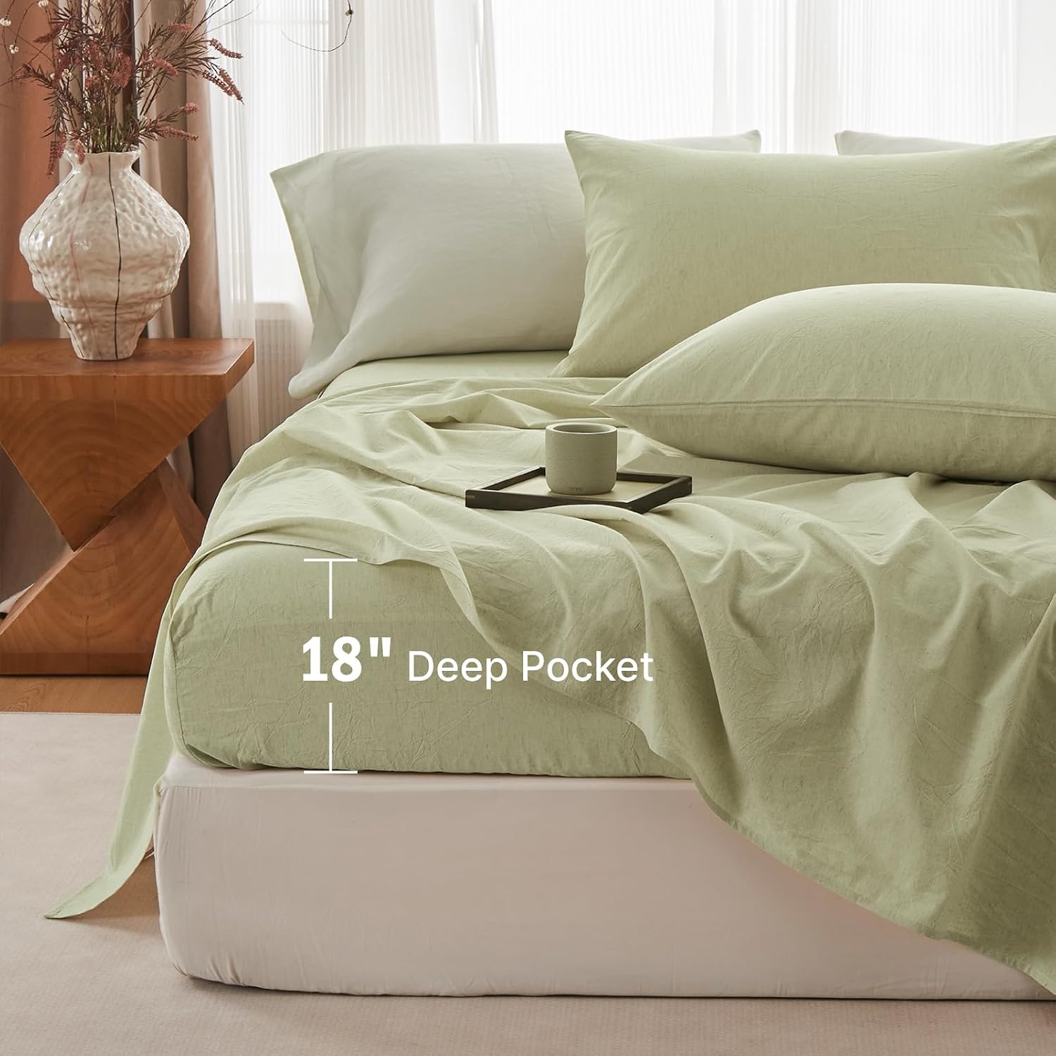 Linen Fitted Sheet Full Size, Cotton Linen Fitted Sheet, Breathable Cooling Bedding 18" Deep Pocket Mattress Cover(Natural Green)