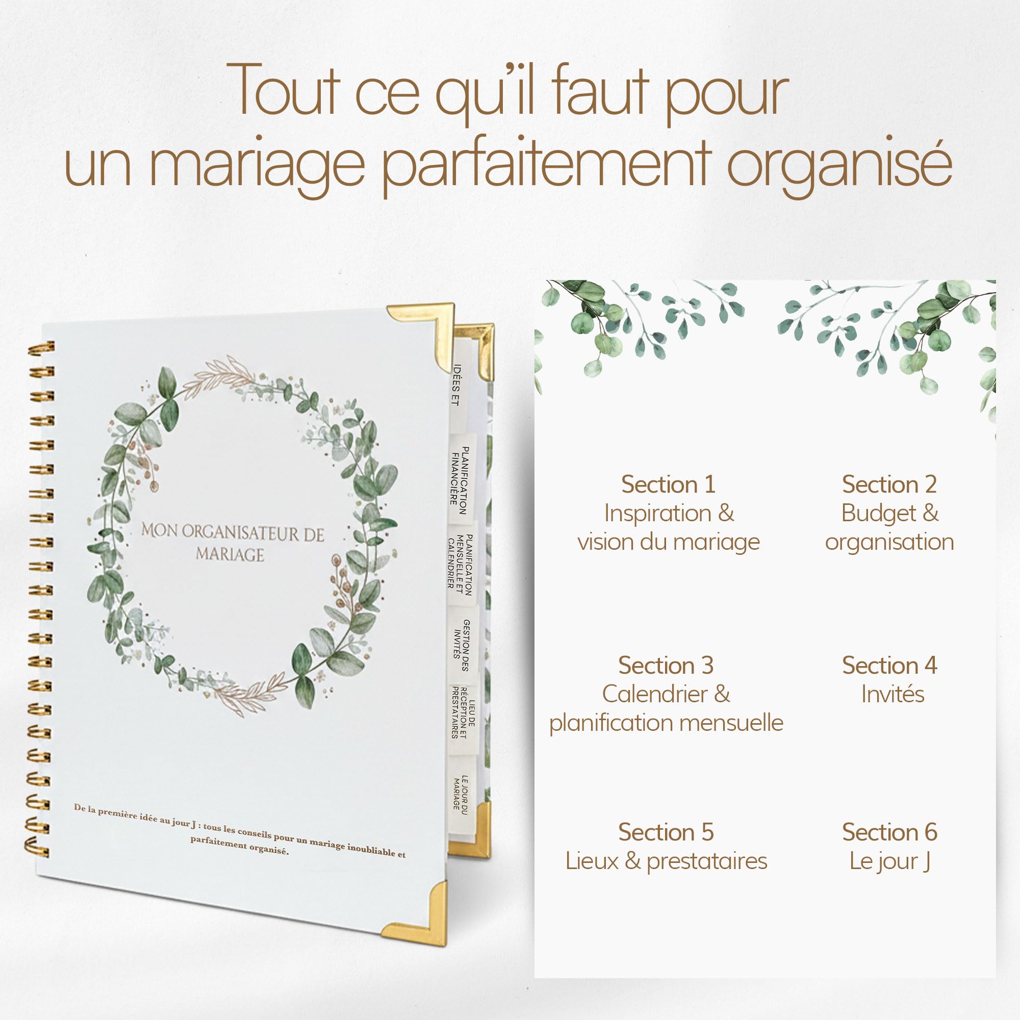 Organisateur de Mariage Français – Carnet Wedding Planner avec Checklist, Budget, Agenda & Calendrier Compte à Rebours | Livre de Mariage & Cadeau Future Mariée