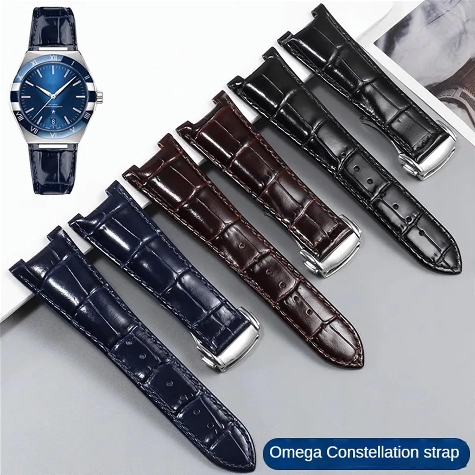 Correas de Reloj, Correa de Reloj Cuero con Hebilla Plegable(Black Without Clasp,25-14mm)