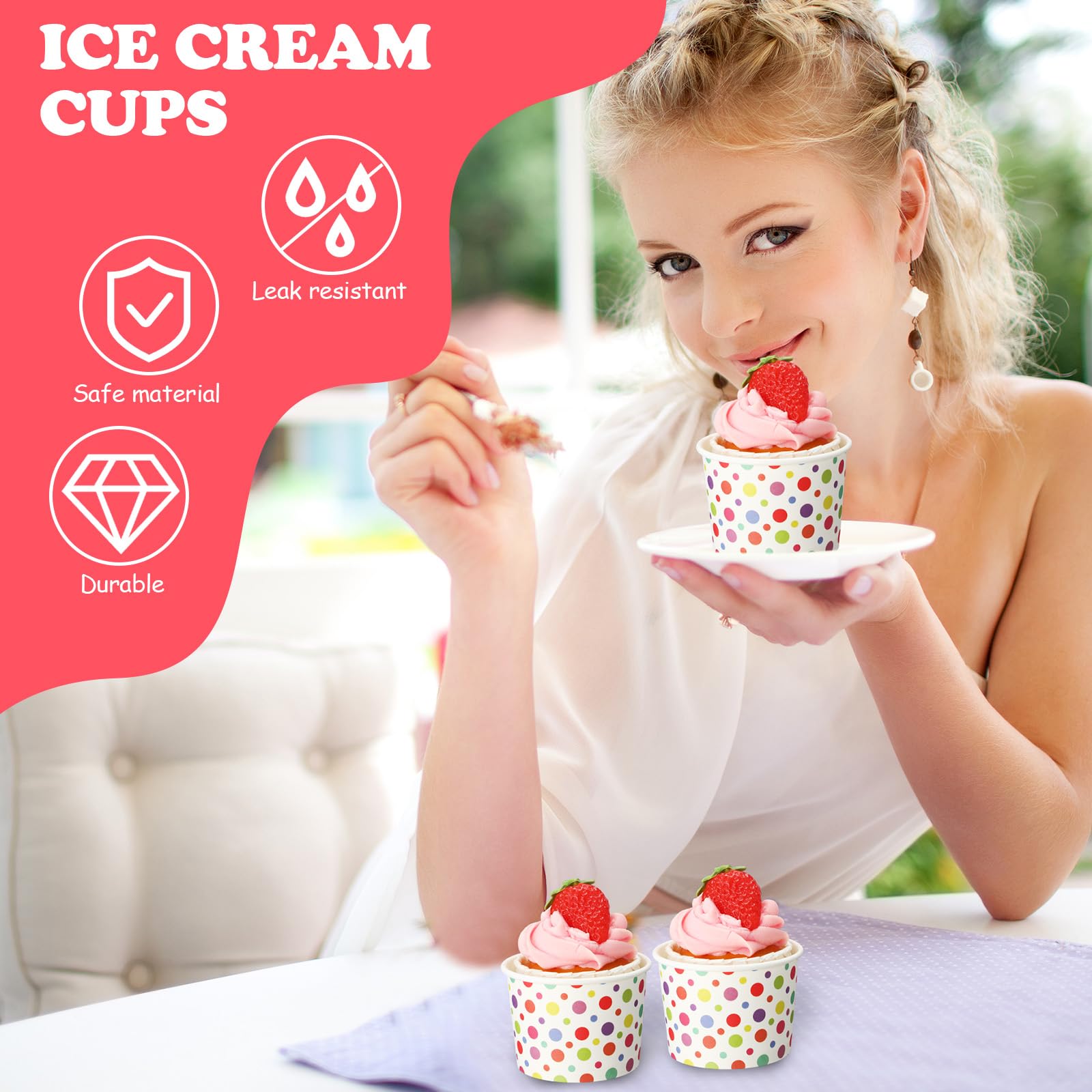 Honeydak Paquete de 400 vasos de helado de lunares arcoíris de 150 ml para fiestas, vasos de papel desechables para dulces, postres, aperitivos, yogur, boda, fiesta de cumpleaños