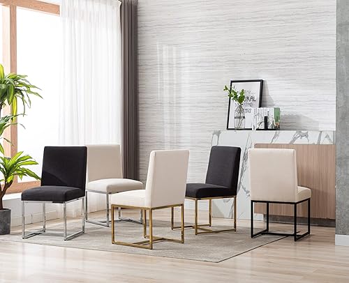 Miniatura 7 de Juego de 2 sillas de comedor modernas tapizadas de lino de mediados de siglo, sillas laterales sin brazos, cómodas sillas de cocina con base de