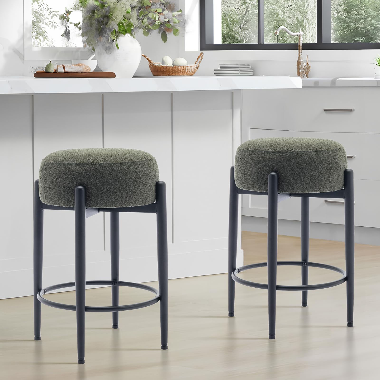 COLAMY Modern Bar Stools Set of 2, 24" Counter Height Stools with Round Soft Padded Backless Seat and Metal Mid-Century Base, Green