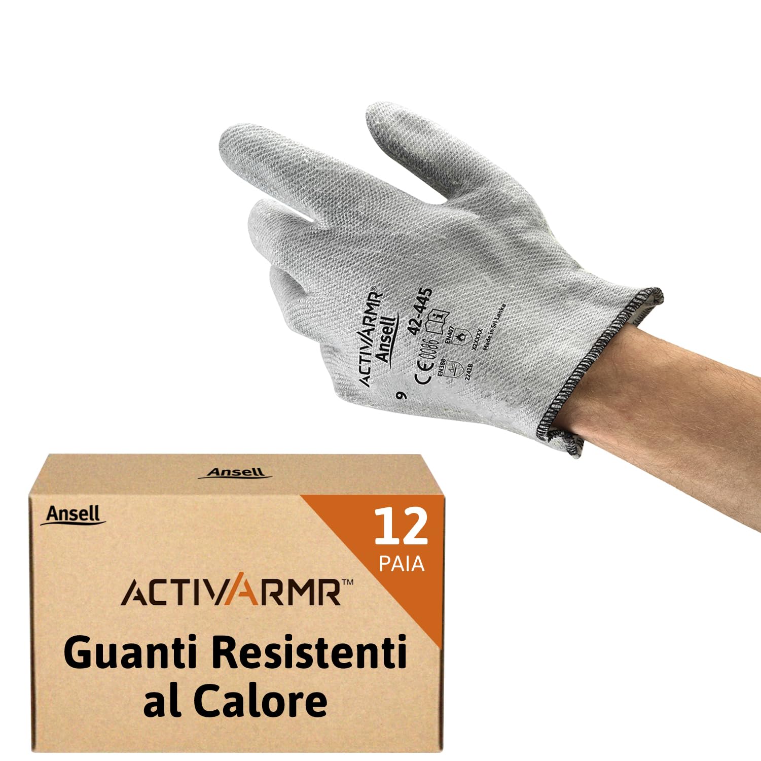 Ansell ActivArmr 42-445 Guanti Termoresistenti, Per Usi Speciali nei Settori Industriale, Meccanico e Chimico, Protezione Resistenti, Guanto Antinfortunistici, Grigio, Taglia XL (12 Paia)