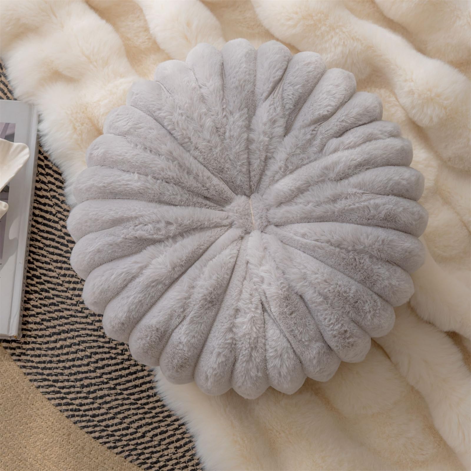 Jackcsale Round Throw Pillows, 14 inch Round Pumpkin Couch Throw Pillow Plush Pleated Chair Pillows Home Decorative Cushion for Living Room Bedroom Car (Iight Grey)