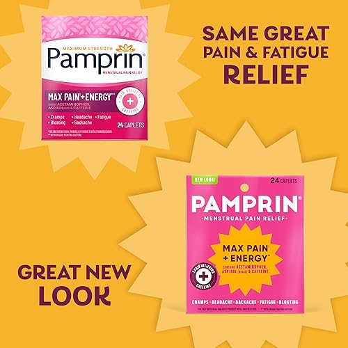 Miniatura 6 de Pamprin Maximum Strength Max Pain and Energy Formula, Menstrual Period Symptoms Relief for Cramps, Bloating and Fatigue, 24 Caplets