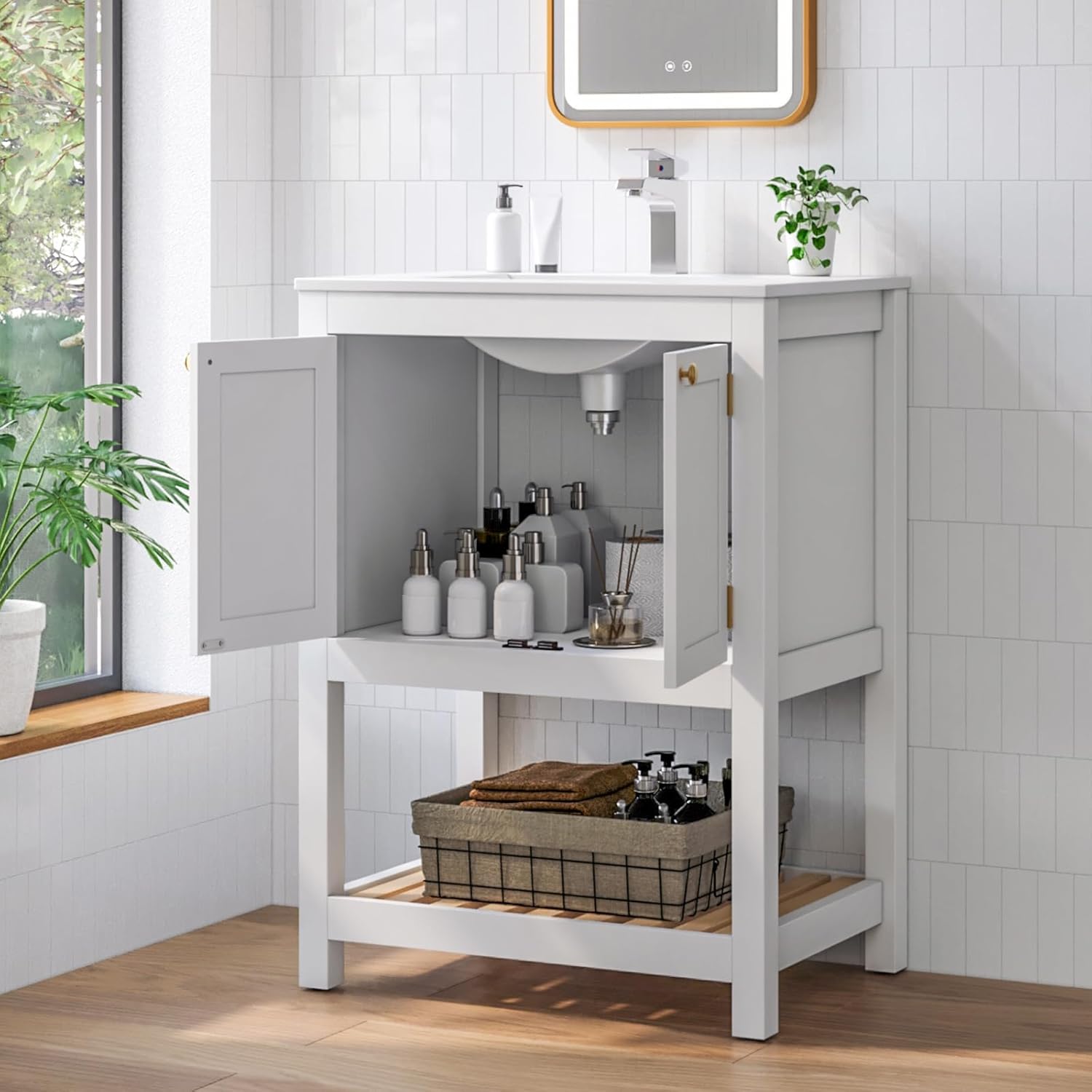 24 Inch Bathroom Vanity with Sink, Bathroom Vanity Cabinet with Ceramic Basin, Freestanding Bathroom Sink Cabinet with 2 Doors and Open Shelf, Modern Storage Vanity for Small Space (White)