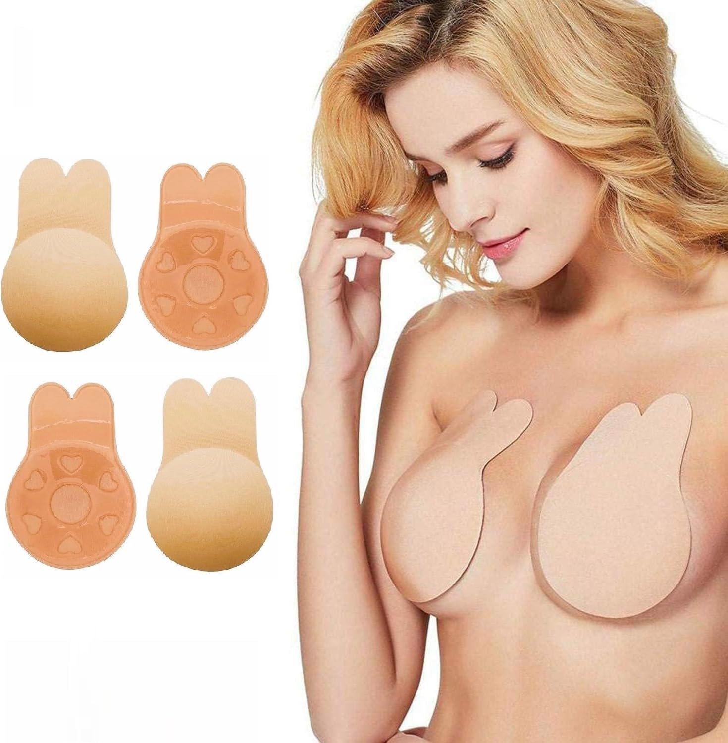 FI FIDROXIMPERIAWomen Silicone Push Up Invisible Bra Tape Lift Up Strapless Bra Self Adhesive Backless Sticky Rabbit Shape Brest Lift Petals Reusable 1 Pair Beige