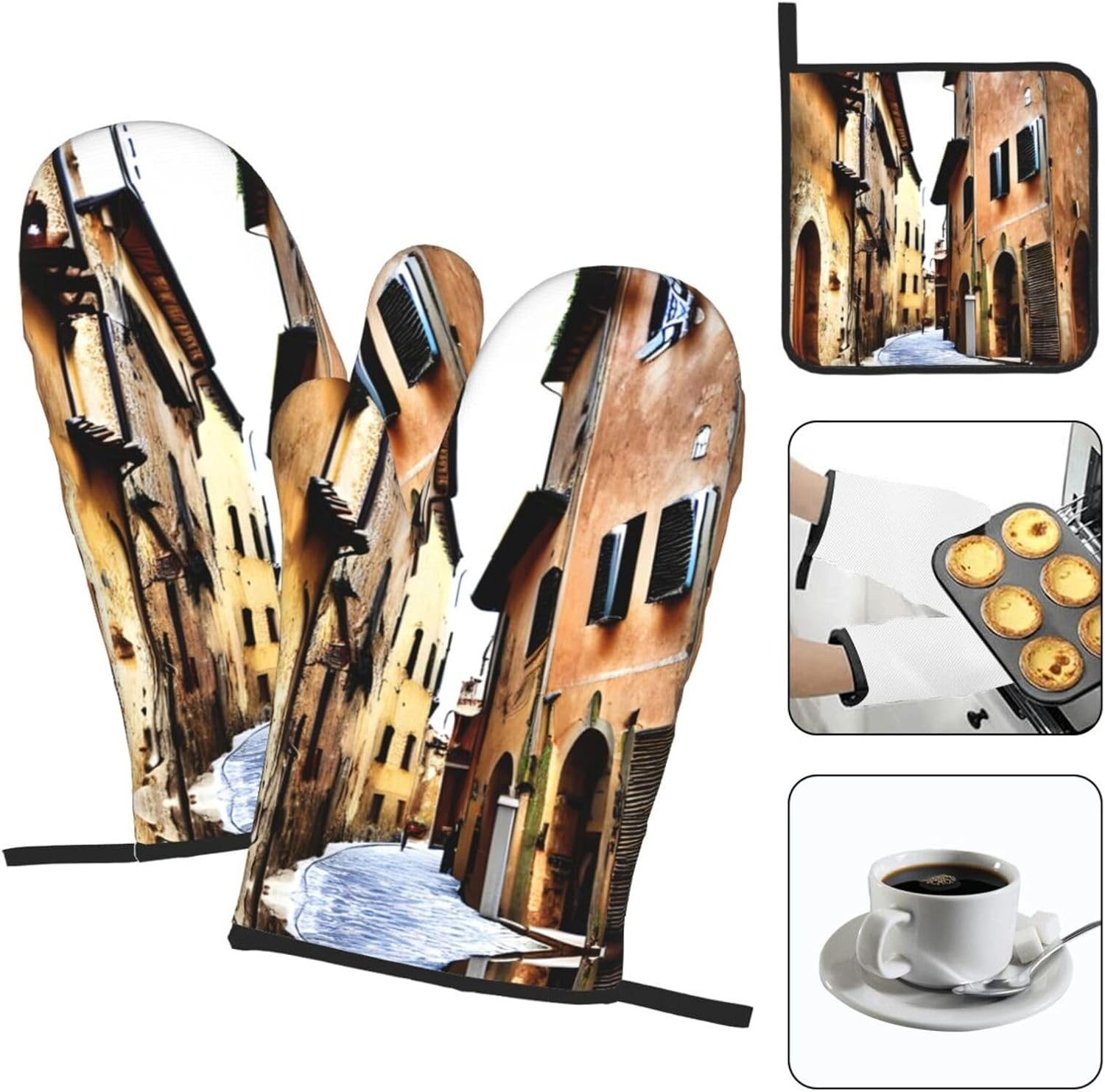 Italy Tuscan Print Heat Resistant Microwave Gloves, Used for Baking, Cooking, and Fashion Kitchen Essentials