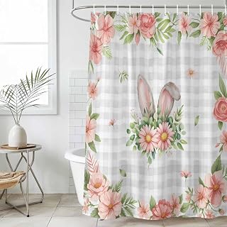 Pink Floral Easter Waterproof Shower Curtain, 66"x72" Washable Polyester Fabric Shower Curtains for Bathroom, Spring Flowers Grey Plaid Pastoral Decorative Bathtub Curtain Sets with Hooks