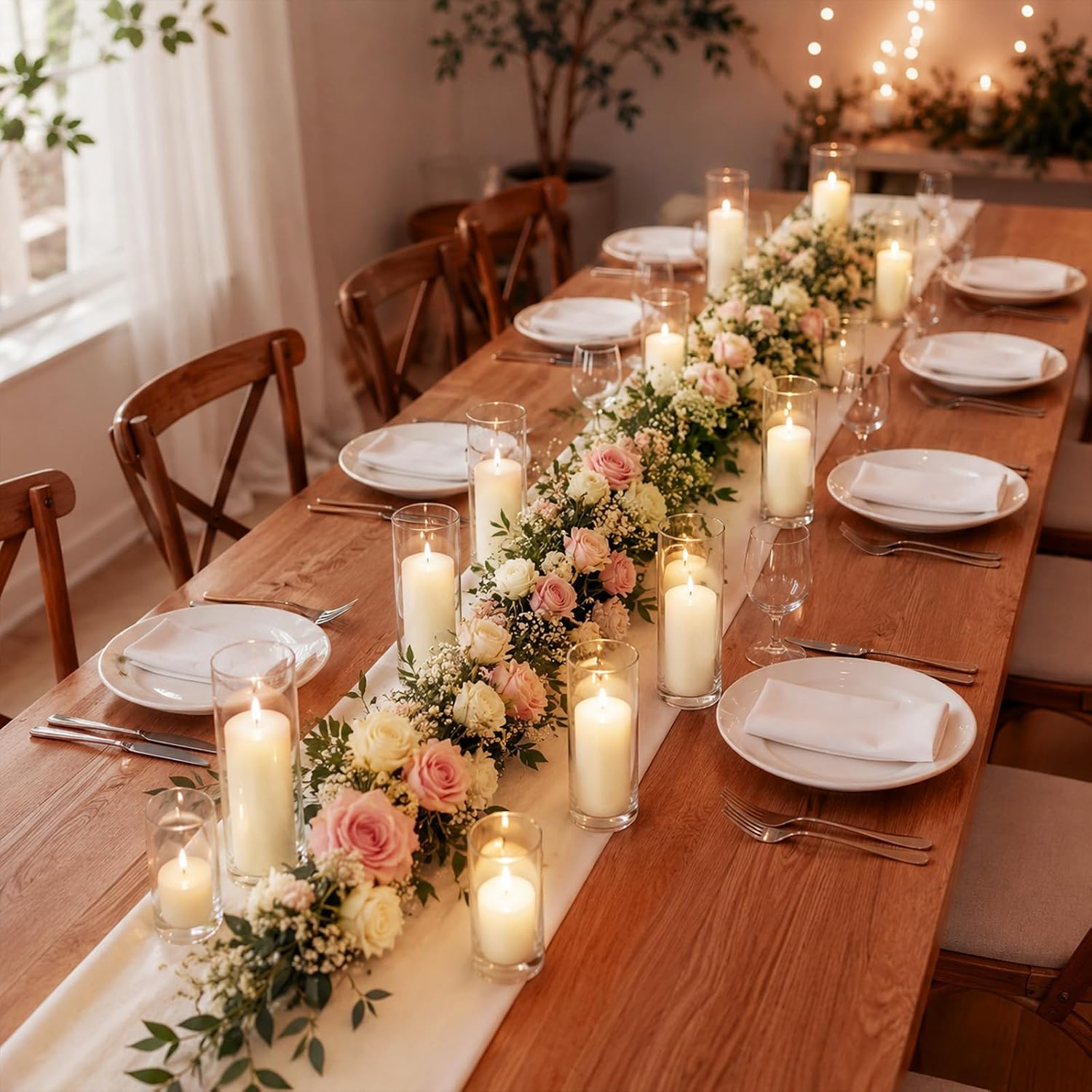 White Pillar Candles and Hurricane Glass Candle Holders, 24 PCS