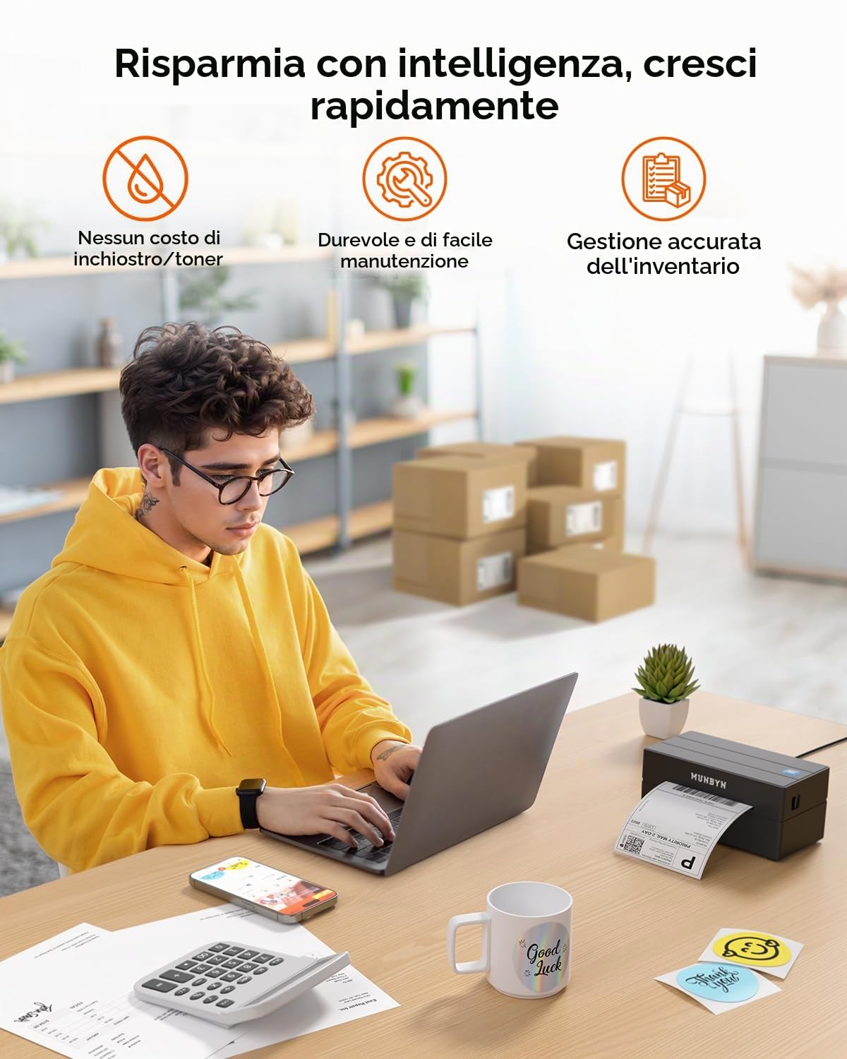 MUNBYN Stampa Etichette Spedizioni Bluetooth, Stampante Termica Wireless 4x6 per Pacchi e Piccole Imprese, Compatibile con iPhone, Android, Mac, Windows, Colissimo e UPS, Nero